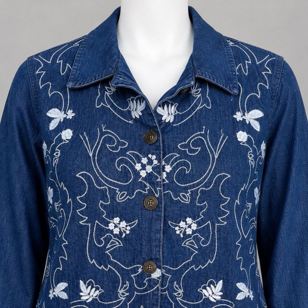 Allison Daley Embroidered Denim Jacket Womens 12 Floral Chore Coat Boho